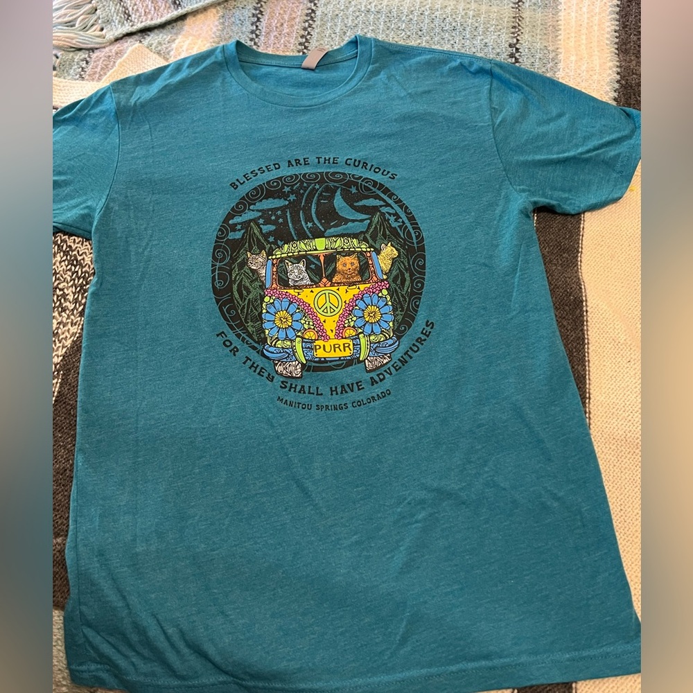 Next Level Blessed Are The Curious Retro Hippie Van Cat Graphic Tee Teal M